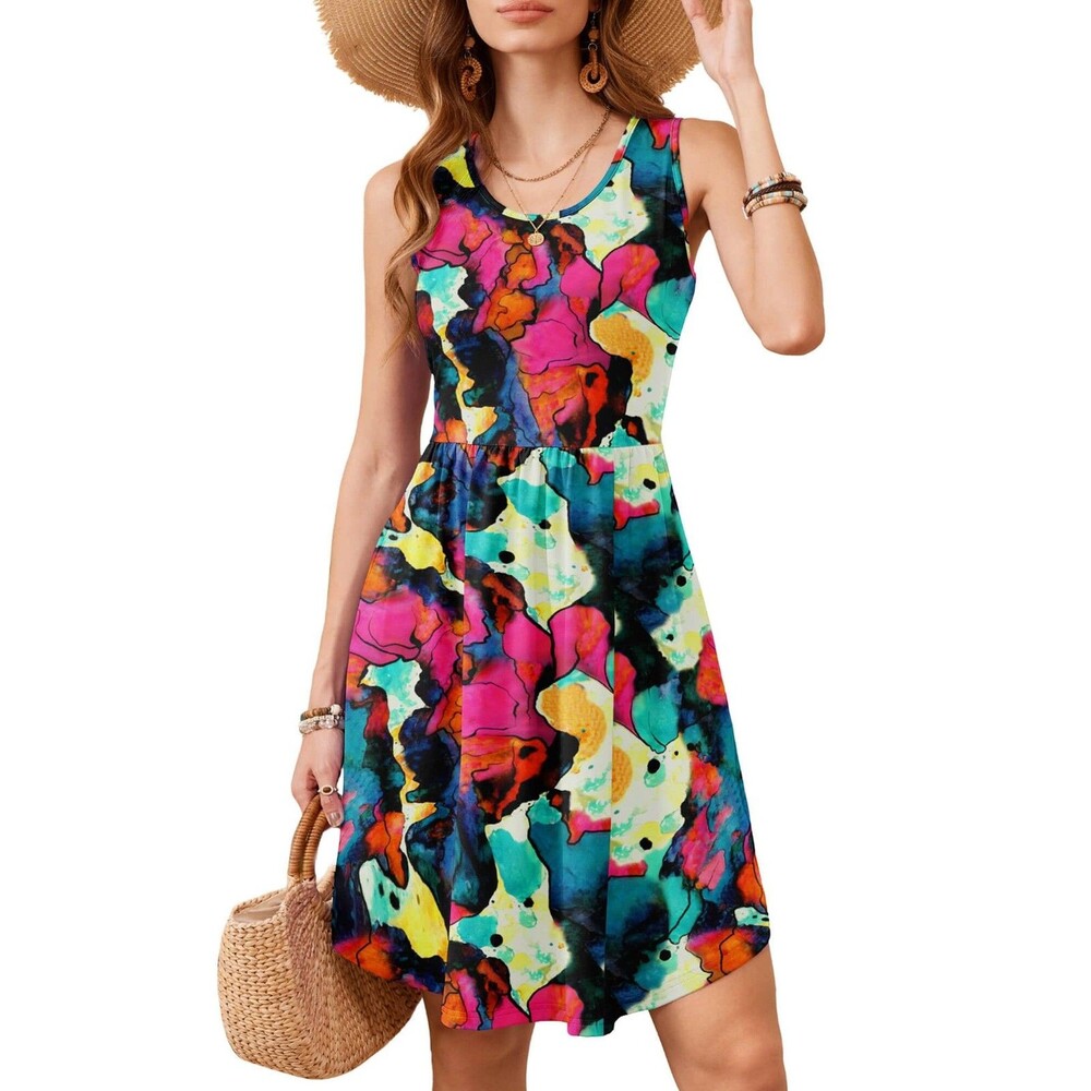 Moodclo Women's Sleeveless Tank Sundress Large Multicolor Pockets Knee Length